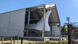 Now covered by shrink wrap, space shuttle Endeavour sits inside the permanently-shuttered Samuel Oschin Pavilion...on January 12, 2024.