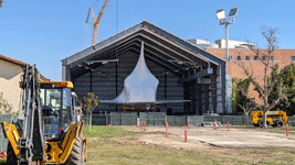 Now covered by shrink wrap, space shuttle Endeavour sits inside the permanently-shuttered Samuel Oschin Pavilion...on January 12, 2024.