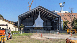 Now covered by shrink wrap, space shuttle Endeavour sits inside the permanently-shuttered Samuel Oschin Pavilion...on January 12, 2024.