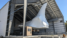 Now covered by shrink wrap, space shuttle Endeavour sits inside the permanently-shuttered Samuel Oschin Pavilion...on January 12, 2024.