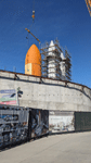 ET-94 and the twin solid rocket boosters for Endeavour stand tall at the construction site for the future Samuel Oschin Air and Space Center in Los Angeles...on January 12, 2024.