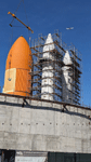 ET-94 and the twin solid rocket boosters for Endeavour stand tall at the construction site for the future Samuel Oschin Air and Space Center in Los Angeles...on January 12, 2024.