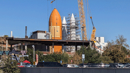 ET-94 and the twin solid rocket boosters for Endeavour stand tall at the construction site for the future Samuel Oschin Air and Space Center in Los Angeles...on January 12, 2024.