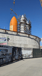 ET-94 and the twin solid rocket boosters for Endeavour stand tall at the construction site for the future Samuel Oschin Air and Space Center in Los Angeles...on January 12, 2024.