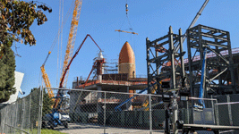 ET-94 and the twin solid rocket boosters for Endeavour stand tall at the construction site for the future Samuel Oschin Air and Space Center in Los Angeles...on January 12, 2024.