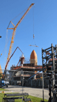 ET-94 and the twin solid rocket boosters for Endeavour stand tall at the construction site for the future Samuel Oschin Air and Space Center in Los Angeles...on January 12, 2024.