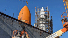 ET-94 and the twin solid rocket boosters for Endeavour stand tall at the construction site for the future Samuel Oschin Air and Space Center in Los Angeles...on January 12, 2024.