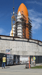 Endeavour's Space Shuttle Stack is fully assembled at the construction site for the future Samuel Oschin Air and Space Center in Los Angeles...on January 30, 2024.