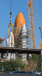 Endeavour's Space Shuttle Stack is fully assembled at the construction site for the future Samuel Oschin Air and Space Center in Los Angeles...on January 30, 2024.