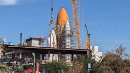 Endeavour's Space Shuttle Stack is fully assembled at the construction site for the future Samuel Oschin Air and Space Center in Los Angeles...on January 30, 2024.