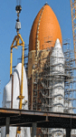 Endeavour's Space Shuttle Stack is fully assembled at the construction site for the future Samuel Oschin Air and Space Center in Los Angeles...on January 30, 2024.