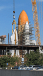 Endeavour's Space Shuttle Stack is fully assembled at the construction site for the future Samuel Oschin Air and Space Center in Los Angeles...on January 30, 2024.