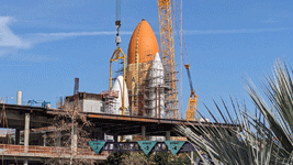 Endeavour's Space Shuttle Stack is fully assembled at the construction site for the future Samuel Oschin Air and Space Center in Los Angeles...on January 30, 2024.