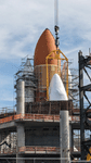 Endeavour's Space Shuttle Stack is fully assembled at the construction site for the future Samuel Oschin Air and Space Center in Los Angeles...on January 30, 2024.