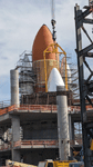 Endeavour's Space Shuttle Stack is fully assembled at the construction site for the future Samuel Oschin Air and Space Center in Los Angeles...on January 30, 2024.