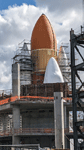 Endeavour's completed Space Shuttle Stack stands tall at the construction site for the Samuel Oschin Air and Space Center...on February 2, 2024.