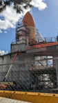 Endeavour's completed Space Shuttle Stack stands tall at the construction site for the Samuel Oschin Air and Space Center...on February 2, 2024.