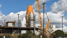 Endeavour's completed Space Shuttle Stack stands tall at the construction site for the Samuel Oschin Air and Space Center...on February 2, 2024.