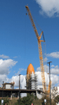 Endeavour's completed Space Shuttle Stack stands tall at the construction site for the Samuel Oschin Air and Space Center...on February 2, 2024.