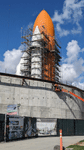 Endeavour's completed Space Shuttle Stack stands tall at the construction site for the Samuel Oschin Air and Space Center...on February 2, 2024.