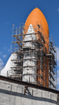 Endeavour's completed Space Shuttle Stack stands tall at the construction site for the Samuel Oschin Air and Space Center...on February 2, 2024.