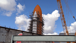 Endeavour's completed Space Shuttle Stack stands tall at the construction site for the Samuel Oschin Air and Space Center...on February 2, 2024.