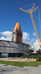 Endeavour's completed Space Shuttle Stack stands tall at the construction site for the Samuel Oschin Air and Space Center...on February 2, 2024.