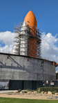 Endeavour's completed Space Shuttle Stack stands tall at the construction site for the Samuel Oschin Air and Space Center...on February 2, 2024.