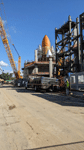 Endeavour's completed Space Shuttle Stack stands tall at the construction site for the Samuel Oschin Air and Space Center...on February 2, 2024.