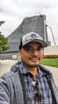 Taking a selfie with the diagrid structure that's now assembled above the Shuttle Gallery at the Samuel Oschin Air and Space Center...on May 16, 2025.