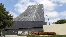 The diagrid structure now enshrouds the Shuttle Gallery at the Samuel Oschin Air and Space Center...on May 16, 2025.