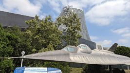 With the retired A-12 Blackbird in the foreground, the diagrid structure now enshrouds the Shuttle Gallery at the Samuel Oschin Air and Space Center...on May 16, 2025.