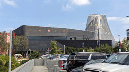 The diagrid structure now enshrouds the Shuttle Gallery at the Samuel Oschin Air and Space Center...on May 16, 2025.