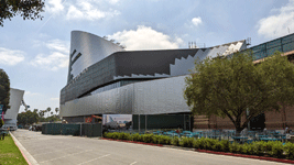 The diagrid structure now enshrouds the Shuttle Gallery at the Samuel Oschin Air and Space Center...on May 16, 2025.