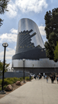 The diagrid structure now enshrouds the Shuttle Gallery at the Samuel Oschin Air and Space Center...on May 16, 2025.