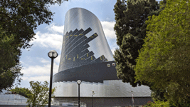 The diagrid structure now enshrouds the Shuttle Gallery at the Samuel Oschin Air and Space Center...on May 16, 2025.