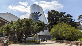 The diagrid structure now enshrouds the Shuttle Gallery at the Samuel Oschin Air and Space Center...on May 16, 2025.