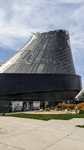 The diagrid structure now enshrouds the Shuttle Gallery at the Samuel Oschin Air and Space Center...on May 16, 2025.