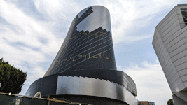 The diagrid structure now enshrouds the Shuttle Gallery at the Samuel Oschin Air and Space Center...on May 16, 2025.