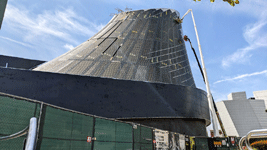 The diagrid structure now enshrouds the Shuttle Gallery at the Samuel Oschin Air and Space Center...on May 16, 2025. The diagrid structure now enshrouds the Shuttle Gallery at the Samuel Oschin Air and Space Center...on May 16, 2025.