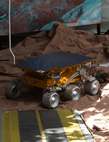 A full-scale mock-up of the Mars Pathfinder Lander and Sojourner Rover.