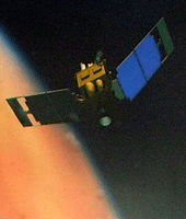 A mock-up of the Mars Global Surveyor spacecraft.