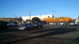 ET-94 is about to roll past the Los Angeles Swimming Stadium as it makes its way toward the California Science Center...on May 21, 2016.