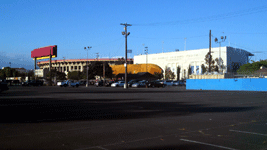 ET-94 rolls past the Los Angeles Swimming Stadium and L.A. Memorial Coliseum...on May 21, 2016.