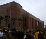 Fans gather outside USC's Galen Center to watch the Lakers' victory parade