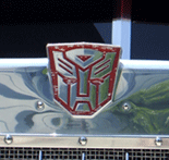 A close-up of the Autobot symbol on the Peterbilt truck.