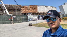 Taking a selfie at the construction site for the Samuel Oschin Air and Space Center...on August 17, 2023.
