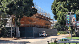 Scaffolding surrounds ET-94 at its temporary location outside the Samuel Oschin Pavilion...on August 17, 2023.