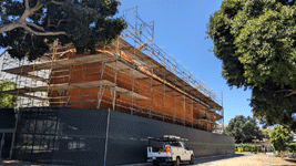 Scaffolding surrounds ET-94 at its temporary location outside the Samuel Oschin Pavilion...on August 17, 2023.