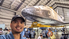 Posing with space shuttle Endeavour inside the Samuel Oschin Pavilion...on August 17, 2023.
